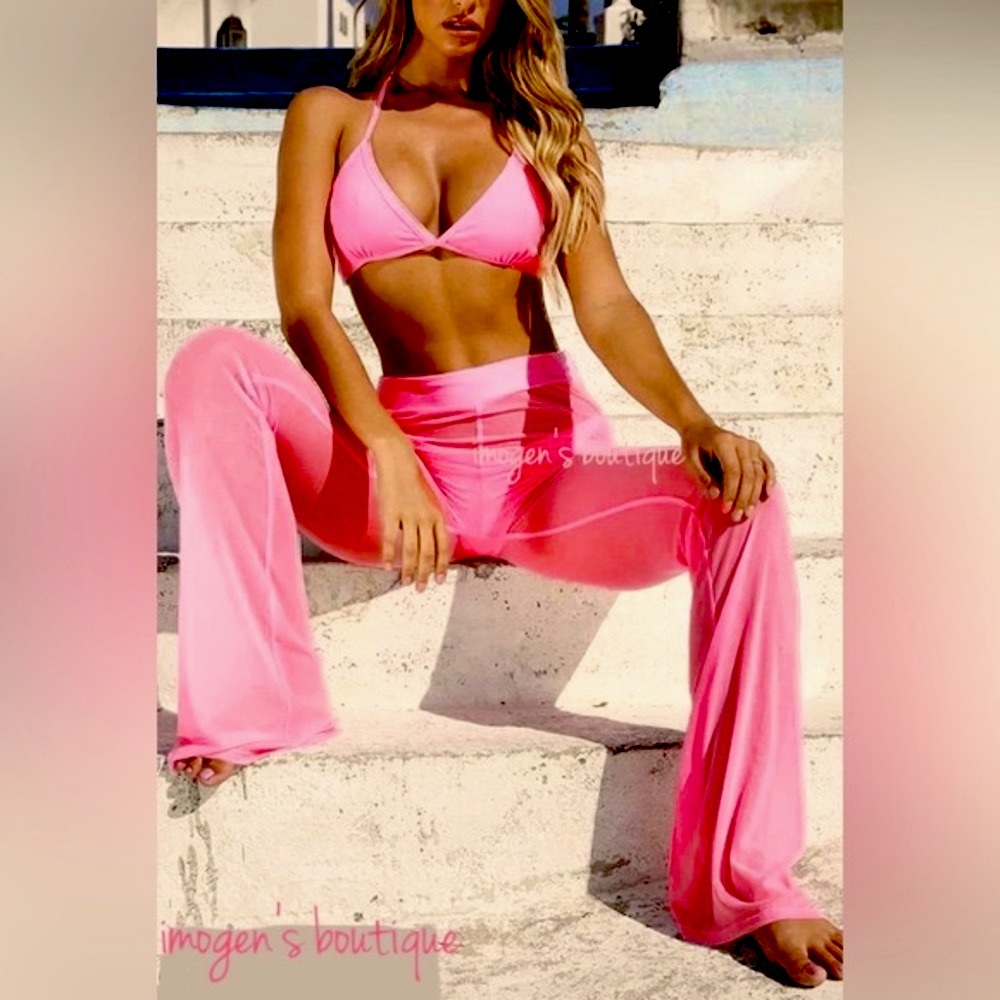 NWT (S) (M) neon pink mesh beach cover up loose pants pool party vacation sexy